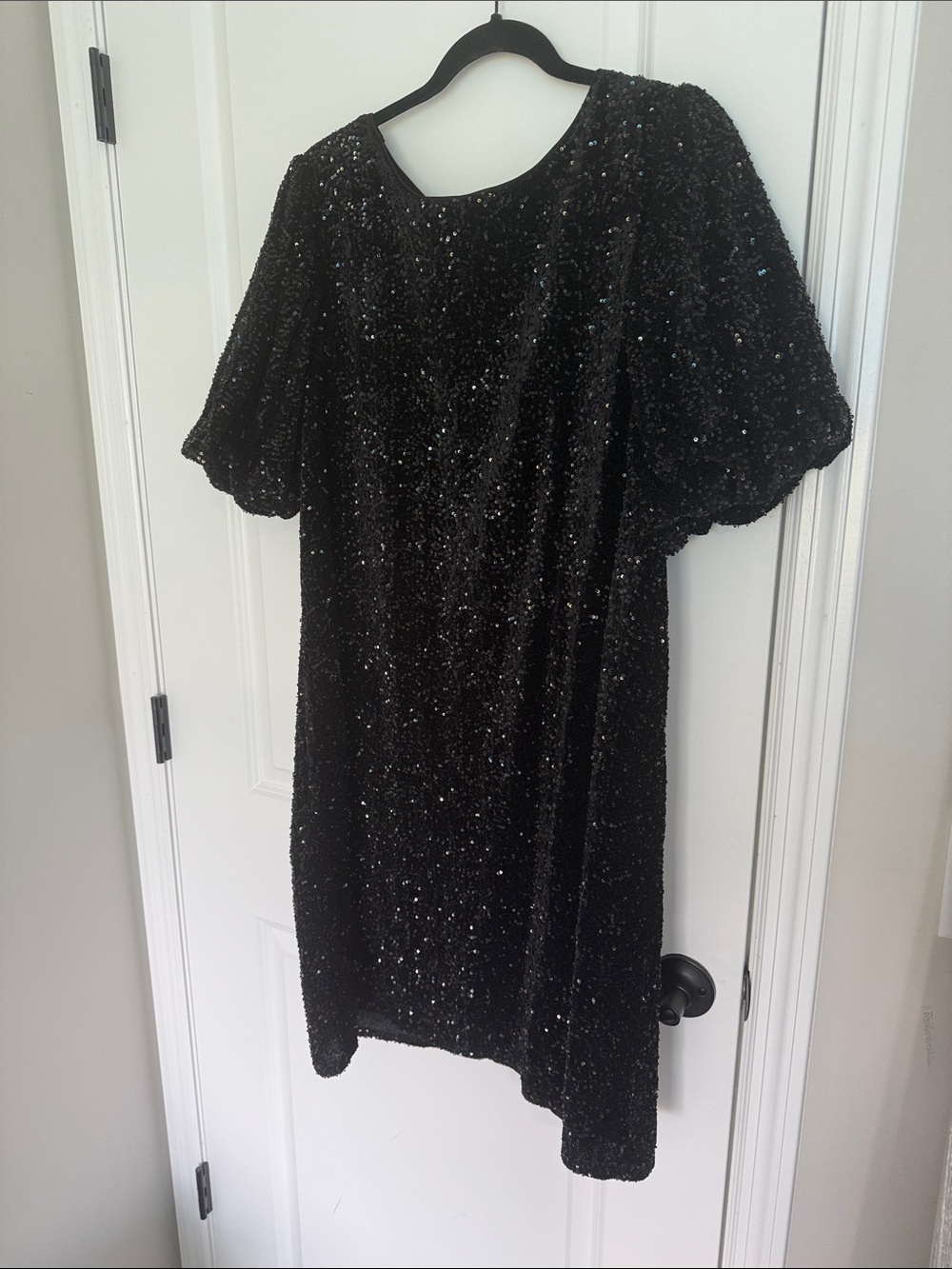 She + Sky Black Sequin Midi Dress with Puff Sleeves